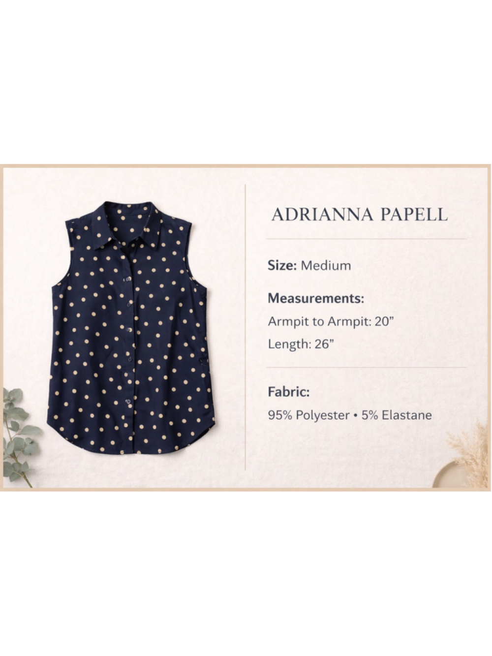 Adrianna Papell Medium Sleeveless Blouse Navy Polka Dot Office Top Workwear - Picture 2 of 9